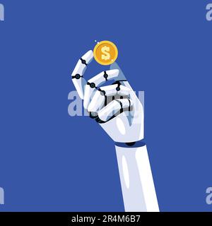 La main robot tient une pièce de monnaie en dollar. Intelligence artificielle. Illustration vectorielle Illustration de Vecteur