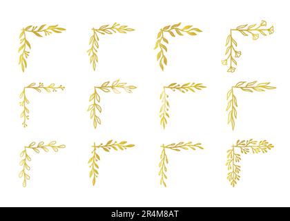 Ensemble de cadres à fleurs et bordure d'angle dorée. Dessin rustique à la main boarder d'angle doré pour cadre floral élément de conception, motif fantaisie de fleur. Illustration vectorielle Illustration de Vecteur