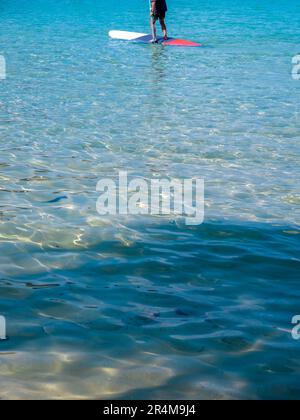 Un homme portant un short debout paddle board au large de la côte. Levez-vous pagayer sur l'eau de mer bleue à l'océan, avec espace de copie, style vertical. Été Banque D'Images