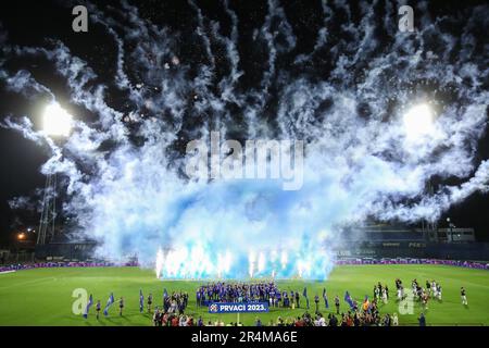 Zagreb, Croatie. 28th mai 2023. Les joueurs de Dinamo Zagreb célèbrent avec le trophée après avoir remporté le championnat de sport sursportif de première ligue croate HNL au stade Maksimir à Zagreb, en Croatie, sur 28 mai 2023. Photo: Sanjin Strukic/PIXSELL crédit: Pixsell/Alay Live News Banque D'Images