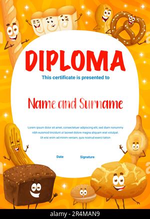 Diplôme pour enfants du meilleur boulanger. Personnages de pâtisserie, de pâtisserie et de pain. Diplôme de vecteur de remise de diplômes pour enfants avec personnages de pain de baguette, shokupane, marraqueta, bretzel, barbarie et seigle Illustration de Vecteur