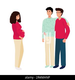 Couple gay avec femme enceinte porteuse. Deux papas. Illustration vectorielle style de dessin animé plat avec lettrage dessiné à la main. Parents adoptifs. Recours aux mères porteuses Illustration de Vecteur