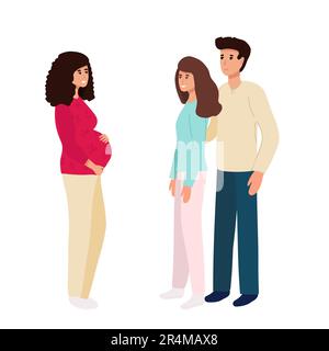 Couple avec femme enceinte porteuse. Illustration vectorielle style de dessin animé plat avec lettrage dessiné à la main. Parents adoptifs. Recours aux mères porteuses. EPS10 Illustration de Vecteur