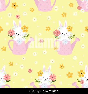 Motif sans couture avec lapin printanier sur un arrosoir mignon et fleurs sur fond jaune Illustration de Vecteur