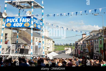 Construction surélevée pour tenir la chèvre He dans une cage dans le cadre du festival traditionnel Puck Fair à Killorglin, comté de Kerry, Irlande Banque D'Images