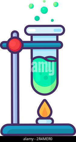 Tube à essai chimique avec liquide vert bouillante à l'intérieur fixé dans un trépied au-dessus d'un brûleur à alcool. Réalisation d'expériences et d'analyses en chimie. Chariot simple Illustration de Vecteur