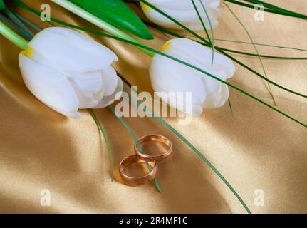 les tulipes et les anneaux de mariage blancs et lumineux Banque D'Images