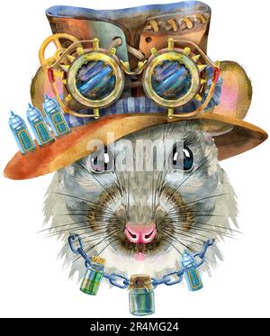 Joli rat portant un chapeau de steampunk avec des lunettes pour les motifs de t-shirt. Illustration de rat aquarelle Banque D'Images