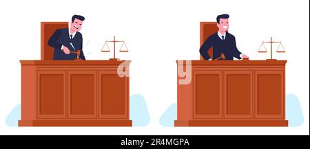 Le juge en colère tapote le gavel et joyeux serviteur de la loi. Procès ou tribunal en salle d'audience. Le personnage masculin rend le verdict devant le tribunal. Style dessin animé plat Illustration de Vecteur