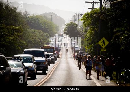 La foule borde l'autoroute Kamehameha un jour avant l'invitation de la grande vague d'Eddie Aikau en 25th. La plus grande houle de la rive nord pendant 10 ans a amené des vagues de 30-50 pieds à Waimea Bay, Ha Banque D'Images