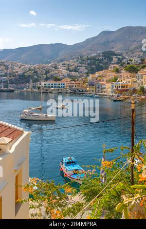 Vue sur les bateaux dans le port depuis la position surélevée, ville de Symi, île de Symi, Dodécanèse, îles grecques, Grèce, Europe Banque D'Images