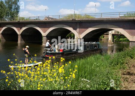 Paddleboarder et un bateau à rames sur la rivière Avon, Seven Meadows Bridge, Stratford-upon-Avon, Warwickshire, Royaume-Uni Banque D'Images