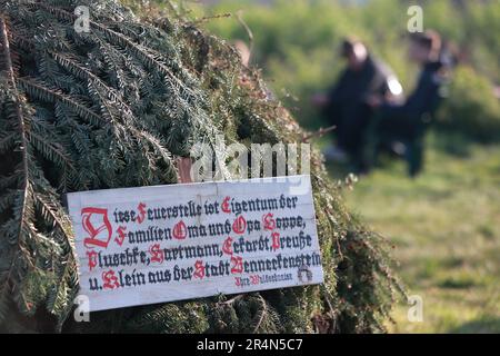 Benneckenstein, Allemagne. 29th mai 2023. Vue d'un panneau à une cheminée sur une pile coupée pour le feu de la Pentecôte sur le bord de la course de finch. Pour la manœuvre de finch de 2023 à Benneckenstein, des participants de tous les monts Harz et de nombreux spectateurs étaient venus. Depuis plus de 130 ans, les gens de Benneckenstein ont été attirés vers la forêt lors du deuxième jour férié de la Pentecôte pour une compétition qui ne pouvait pas être plus inhabituelle - le concours de chant de chaffinch. Credit: Matthias Bein/dpa/ZB/dpa/Alay Live News Banque D'Images