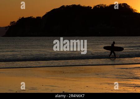 Un surfeur en silhouette transporte une planche de surf hors de l'océan devant un ciel de coucher de soleil. Kamakura, Kanagawa, Japon. Banque D'Images