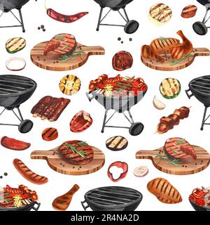 Barbecue à motif aquarelle sans couture. Éléments pour cuisiner un barbecue - grill, poulet et viande. Illustration dessinée à la main isolée sur fond blanc Banque D'Images