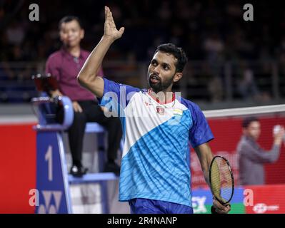 Kuala Lumpur, Malaisie. 28th mai 2023. Prannoy H. S. de l'Inde célèbre après avoir vaincu Weng Hong Yang de Chine pendant le match final des hommes célibataires des Perodua Malaysia Masters 2023 à Axiata Arena. Prannoy H. S. a gagné avec des scores; du 21/13/21: Et du 19/21/18. Crédit : SOPA Images Limited/Alamy Live News Banque D'Images