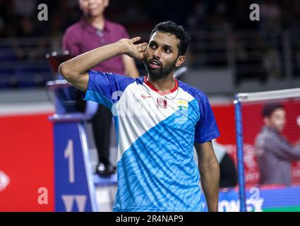 Kuala Lumpur, Malaisie. 28th mai 2023. Prannoy H. S. de l'Inde célèbre après avoir vaincu Weng Hong Yang de Chine pendant le match final des hommes célibataires des Perodua Malaysia Masters 2023 à Axiata Arena. Prannoy H. S. a gagné avec des scores; du 21/13/21: Et du 19/21/18. Crédit : SOPA Images Limited/Alamy Live News Banque D'Images