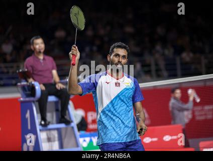 Kuala Lumpur, Malaisie. 28th mai 2023. Prannoy H. S. de l'Inde célèbre après avoir vaincu Weng Hong Yang de Chine pendant le match final des hommes célibataires des Perodua Malaysia Masters 2023 à Axiata Arena. Prannoy H. S. a gagné avec des scores; du 21/13/21: Et du 19/21/18. (Photo de Wong Fok Loy/SOPA Images/Sipa USA) Credit: SIPA USA/Alay Live News Banque D'Images