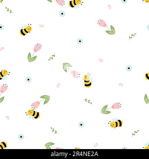 Motif sans couture avec fleur de tulipe, coeurs et dessin animé d'abeille volante sur fond blanc illustration vectorielle. Joli imprimé puéril. Illustration de Vecteur