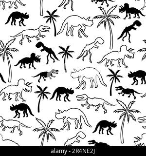 Squelette de dinosaure et palmier. Motif sans couture. Design original avec t-rex, os de dinosaures, plantes. Imprimé pour tee-shirts, textiles, toile. Illustration de Vecteur