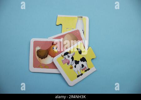 Des puzzles d'information photographiés d'en haut, placés sur un fond bleu. Vache et poulet. Mixte. Banque D'Images