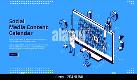 Calendrier de contenu de médias sociaux page d'arrivée isométrique, homme et femme près d'un grand bureau avec des dates de mois à l'écran, planification stratégie marketing d'optimisation, planification 3D vecteur ligne art bannière Web Illustration de Vecteur