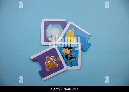 Casse-têtes d'information placés sur un fond bleu. Poisson et singe. Banque D'Images