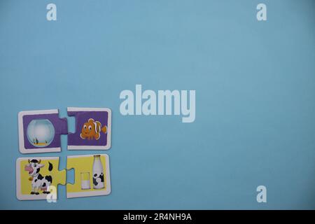 Des puzzles d'information photographiés d'en haut, placés sur le bord d'un fond bleu. Vache et poisson. Banque D'Images