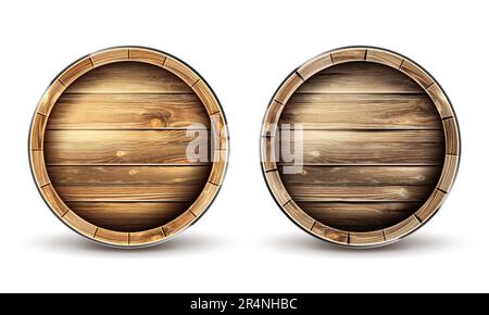 Fûts en bois pour le vin, la bière ou le whisky vue de dessus. Fût réaliste en bois de chêne, fût pour rhum ou cognac isolé sur fond blanc. Conteneurs en rouleau pour clip art 3D vecteur liquide et réaliste Illustration de Vecteur