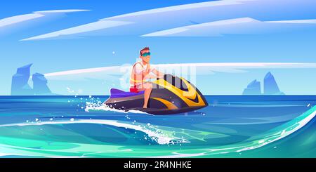 Homme sur jet ski en mer. Un jeune homme fait du cheval sur les vagues de l'océan. Illustration vectorielle de paysage de mer avec une personne dans des lunettes de soleil sur un scooter des mers. Sports nautiques extrêmes avec jet ski Illustration de Vecteur