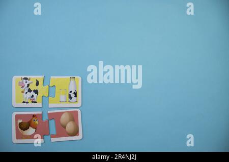 Des puzzles d'information photographiés d'en haut, placés sur le bord d'un fond bleu. Vache et poulet. Banque D'Images