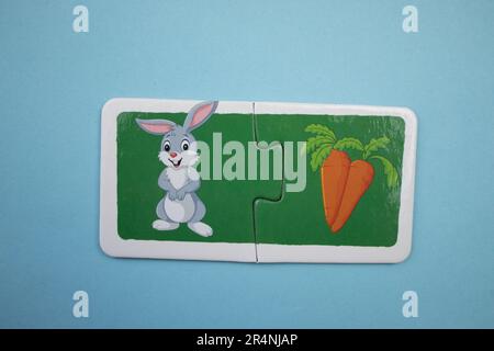 Des puzzles d'information, photographiés d'en haut, placés sur un fond bleu. Lapin et carotte. Banque D'Images
