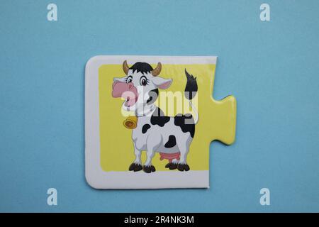 Casse-têtes d'information placés sur un fond bleu. Une photo d'une vache. Banque D'Images