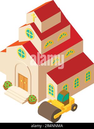 Icône de travail sur route, vecteur isométrique. Grand rouleau de route près de l'icône du nouveau bâtiment de l'église. Travaux de construction, chantier Illustration de Vecteur
