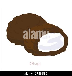 Ohagi Mochi Botamochi. Boulettes de riz sucrées japonaises faites de riz gluant et de pâte de haricots rouges sucrées. Illustration de dessin animé vectoriel isolée sur blanc Illustration de Vecteur