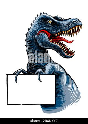 T-Rex avec une affiche vierge. Encre tirée à la main sur papier et couleur à la main sur tablette Banque D'Images