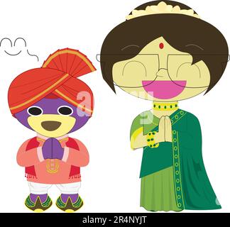 MR.Purple ours et ami en costume traditionnel indien est de mettre les mains ensemble, saluant Namaste Indien signifie bonjour Illustration de Vecteur