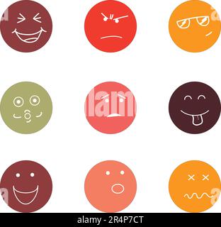 Faces rondes de style abstrait de dessin animé avec diverses émotions. Illustration vectorielle tendance à motif plat dessinée à la main Illustration de Vecteur