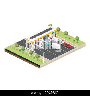 Route à péage isométrique avec camions et voitures. Point de contrôle du paiement. Zone de collecte des numéros à péage de l'autoroute à péage. Illustration vectorielle. Paysage avec arbres. Illustration de Vecteur