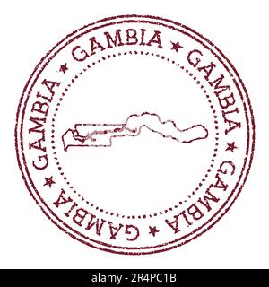 Timbre rond en caoutchouc de Gambie avec carte des pays. Timbre passeport rouge vintage avec texte circulaire et étoiles, illustration vectorielle. Illustration de Vecteur