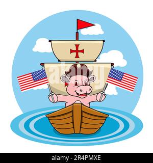 Joyeux Columbus Day America avec mignon hippopotame et navire en mer, Cartoon, mascotte, animaux, personnage, Vecteur et illustration. Illustration de Vecteur