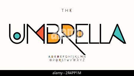 Alphabet futuriste espiègle avec des taches de couleur et des lignes oscillantes, police géométrique abstraite pour le festival de technologie, logo funky, titre créatif, art Illustration de Vecteur