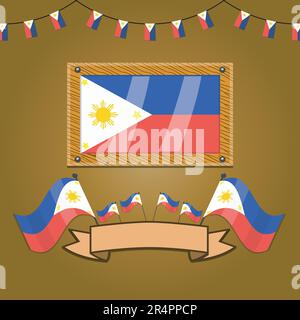 Drapeau des Philippines sur le cadre en bois, étiquette, gradient simple et illustration vectorielle Illustration de Vecteur