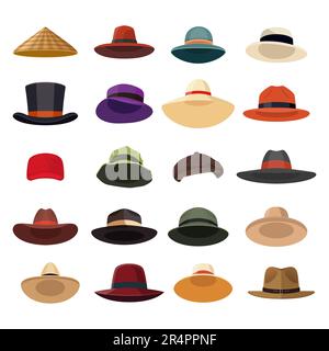 Vecteur différents chapeaux. Chapeau pour femmes, femmes et hommes, ensemble d'icônes de casquette isolé. Accessoire de tête de plage d'été, traditionnel, Farmers Headdress Hat Collection Illustration de Vecteur