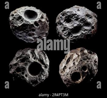 Astéroïdes isolés sur fond noir. Météorites. Haute résolution. Un ensemble d'astéroïdes isolés sur du noir pur pour une intégration à votre conception. Banque D'Images