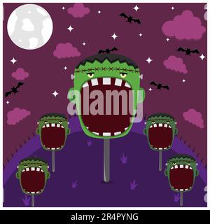 Motif tête de personnage Halloween. Frankenstein caractère dans le champ et la nuit. Vecteur et illustration Illustration de Vecteur