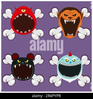Head Monster Design avec One Eye Monster, Wolf Man, Mouse et Creepy Gnome. Sur crâne et bouche ouverte. Vecteur et illustration Illustration de Vecteur