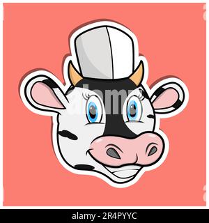 Autocollant pour le visage animal avec chapeau de chef à motif vache. Design de caractère. Vecteur et illustration Illustration de Vecteur