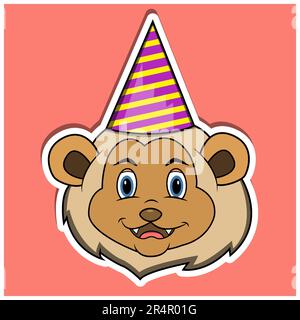 Autocollant pour le visage animal avec chapeau de fête à motif lion. Design de caractère. Vecteur et illustration Illustration de Vecteur