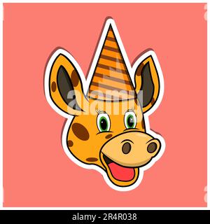 Autocollant à motif visage d'animal avec chapeau de fête à motif girafe. Design de caractère. Vecteur et illustration Illustration de Vecteur